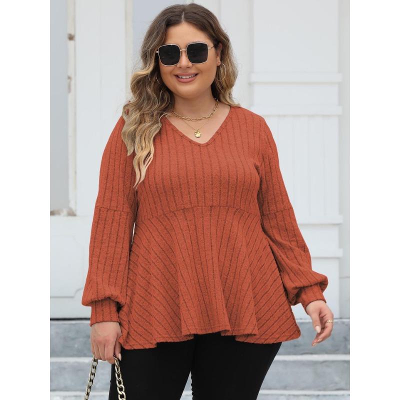 Женский свитер большого размера с рукавами-фонариками и V-образным вырезом на осень — фото 6