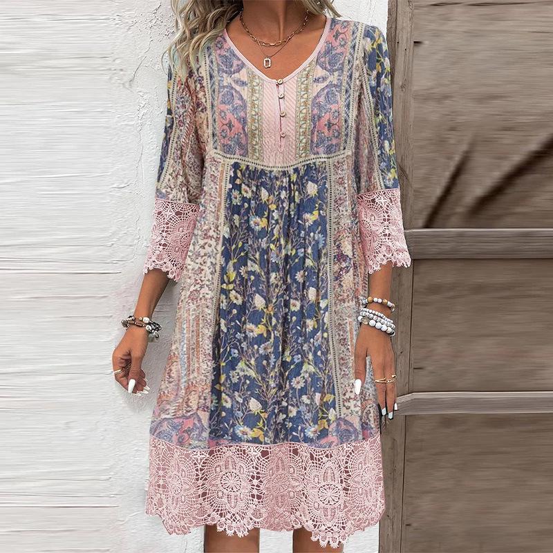 Retro Printed Lace Dress - European & American Women's Spring/Summer 2024 Collection