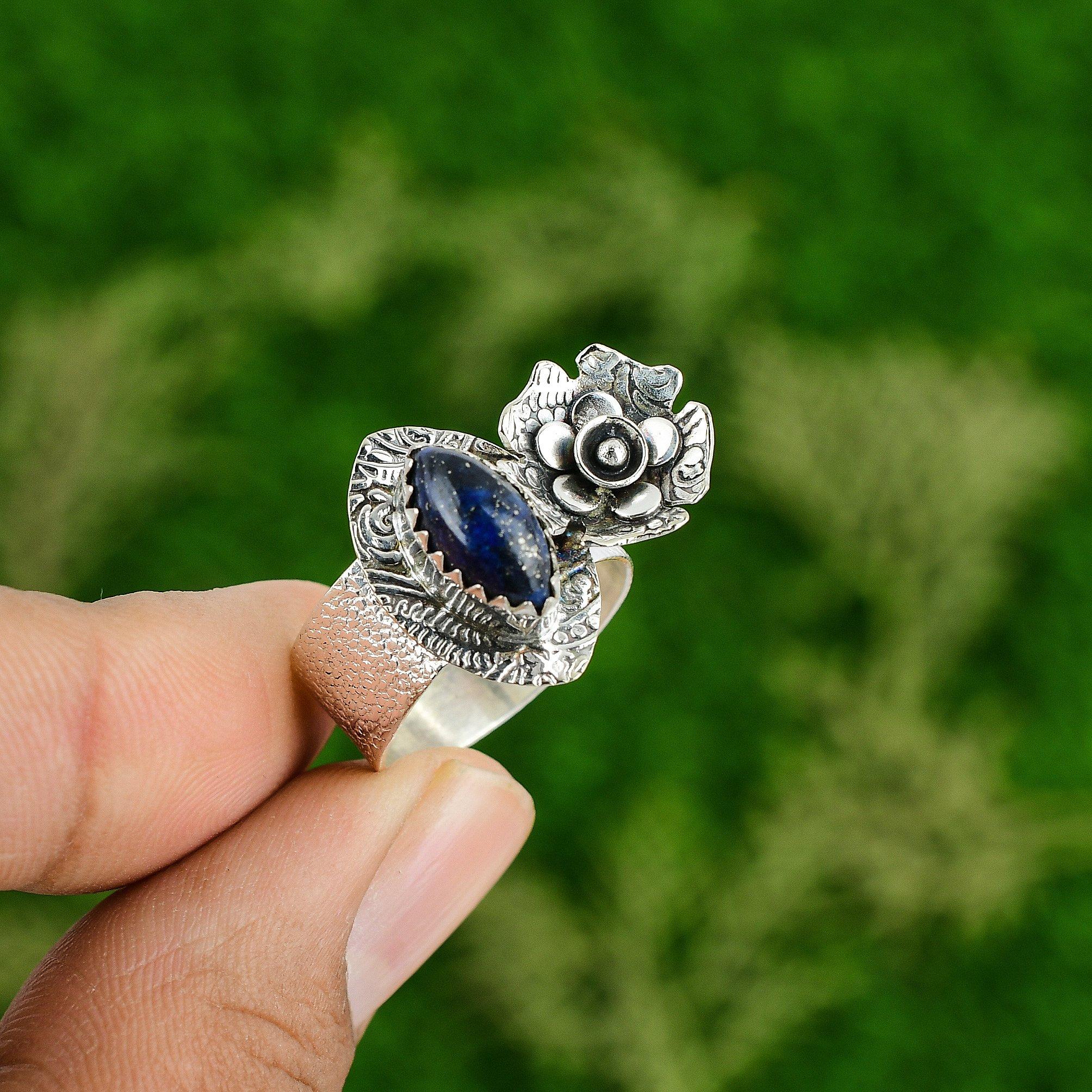 

Natural Lapis Lazuli Gemstone Promise Flower Ring Size 8 925 Silver For Girls 8