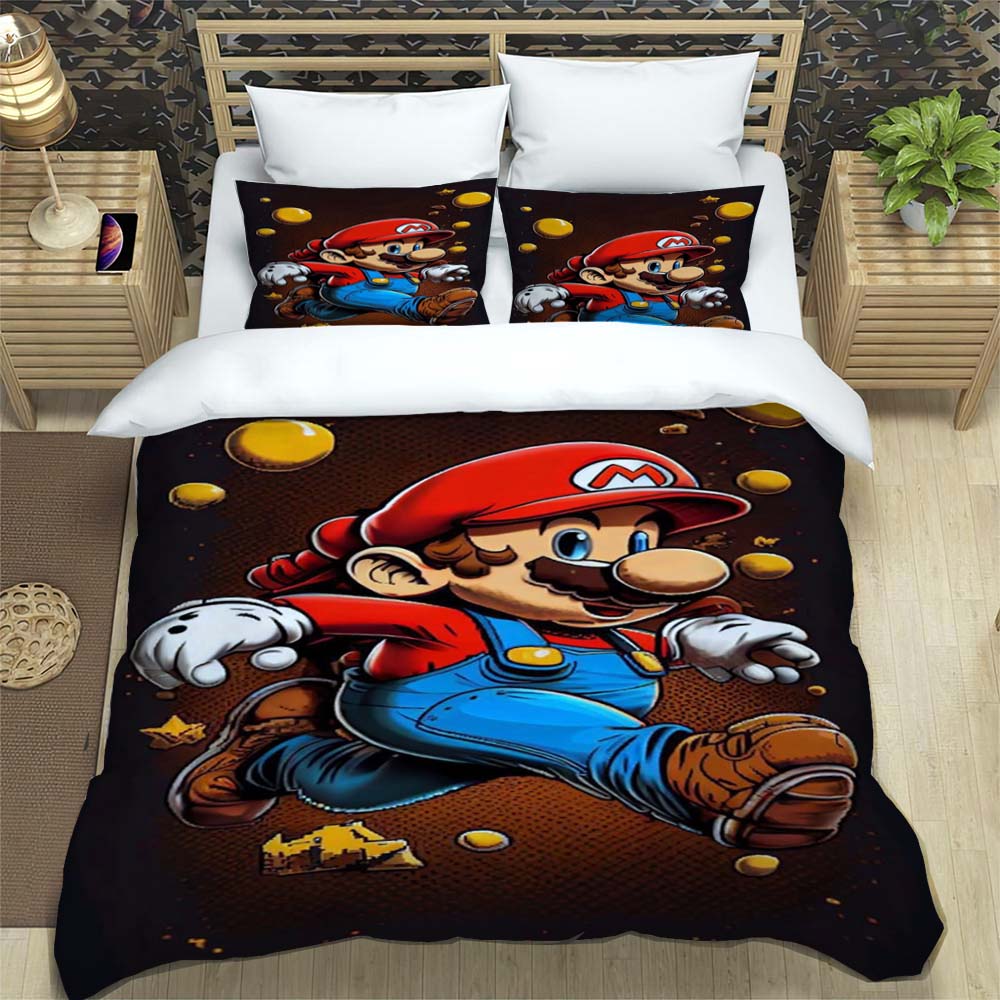 Comfortable Bedding Set, 3D Cartoon Mario Three-piece Set, Including Duvet Cover and Pillowcases.