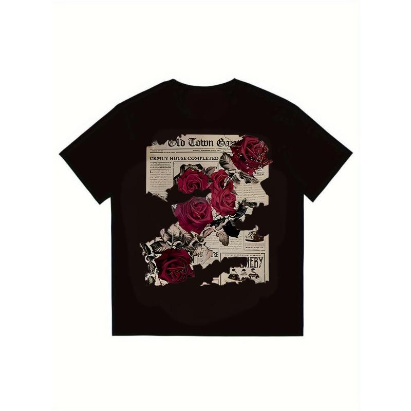 Black T Shirt Men Vintage Newspaper Rose Print Casual Streetwear Fashion Top for Daily Wear and Outings
