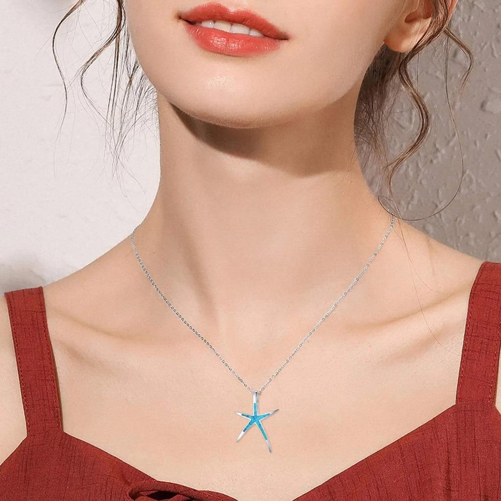 Boho Cute Sea Animal Starfish Pendant Necklace For Women Inlay Imitation Blue Opal Necklace Wedding Party Jewelry Gifts
