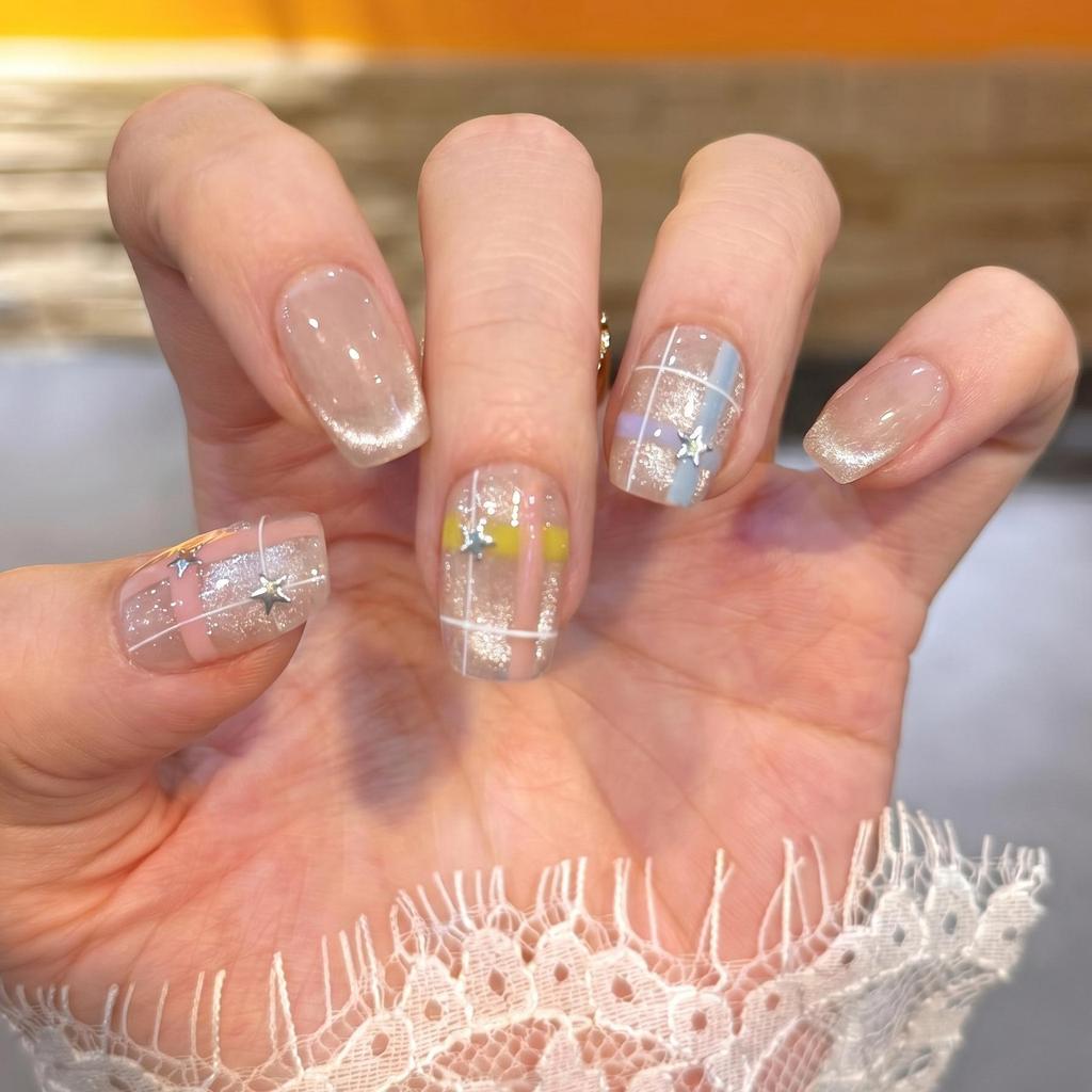Handmade Press On Nail French Sparkling Cute Nude Cat Eye Hand-painted Checkered Stars Short Square Fake Nail Patch Artificial Nail Reusable