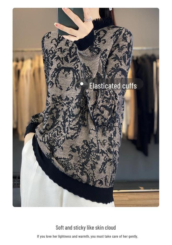 Women's Wool Knit Sweater: Jacquard Fringed Hem, Half-High Neck with Lace Cutout Long Sleeves