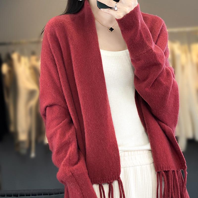 Casual Versatile Women's Pure Wool Tassel Knit Shawl Cardigan for Spring & Autumn