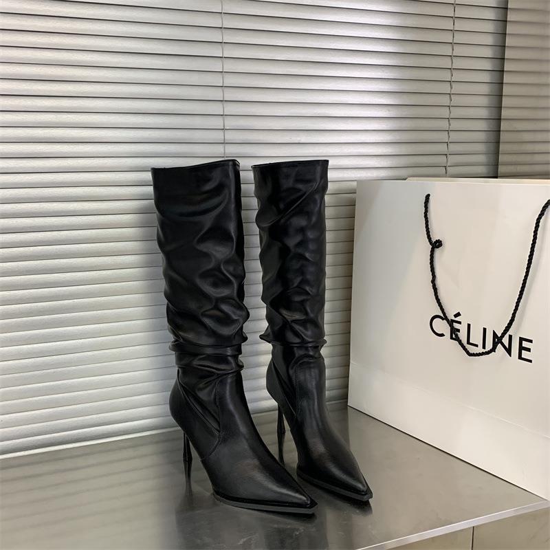 Summer 2025 New High-heeled Snake Pattern Pleated Stacking Boots Pointed Thin High-heeled Boots High Boots But Knee Boots