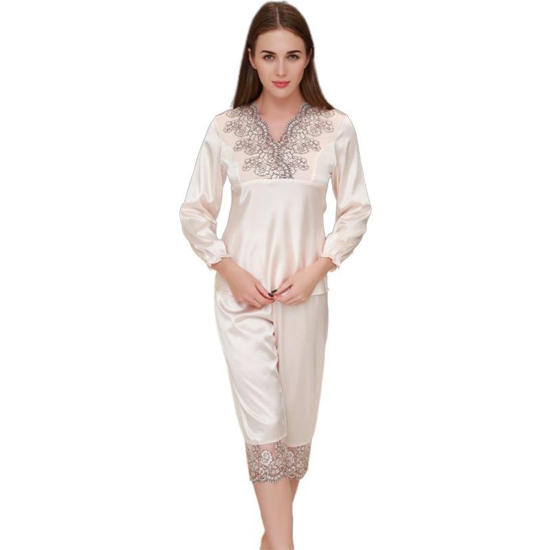 19 mulberry silk genuine silk pajamas women's spring and summer thin casual pajamas lace set light luxury and fresh