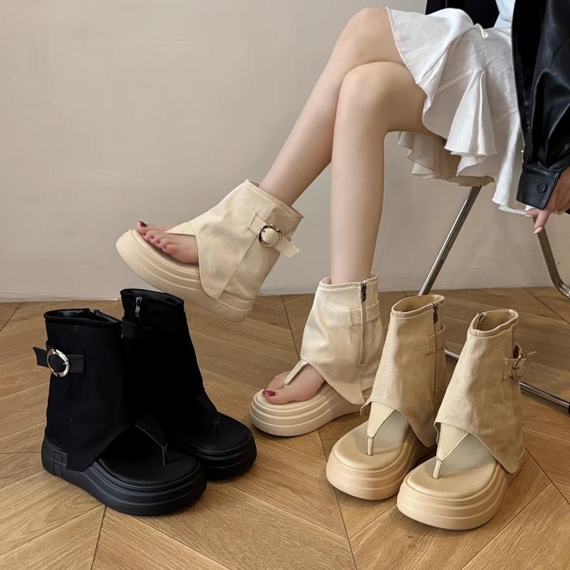 Fashion Cool Boots Women's Summer New High-end Toe Open-toe Piled Boots Thick-soled Heightening Western Cowboy Short Boots