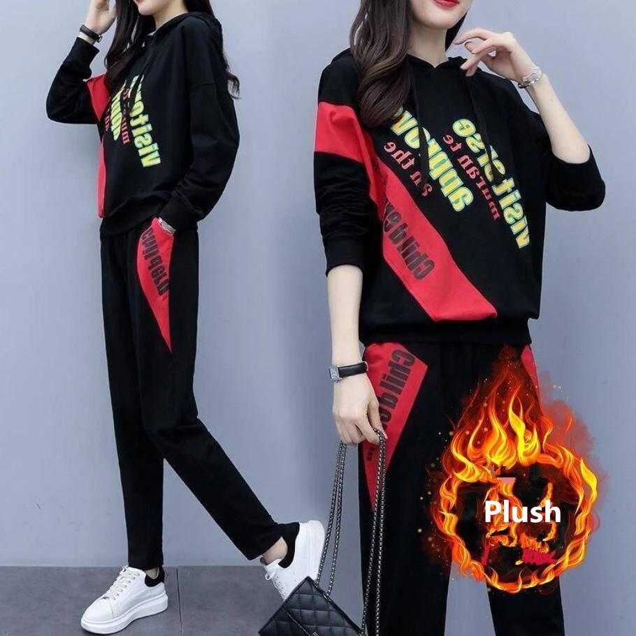 Women's Autumn Winter Sporty Plush Hooded Sweatshirt Pants Two Piece Sets Lady Casual Cool Black Letter Tops Trousers Suits