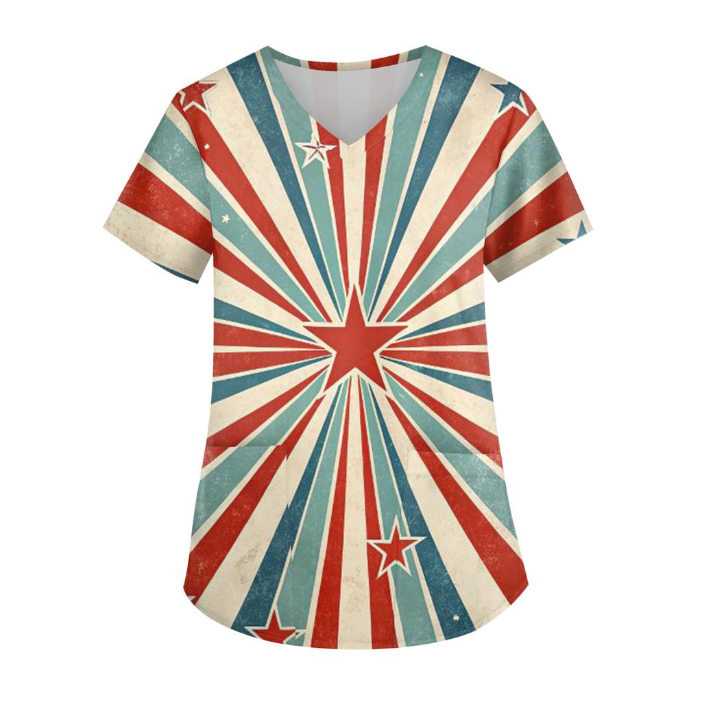 Ladies' Independence Day printed fashionable V-neck pocket short sleeved uniform and caregiver top