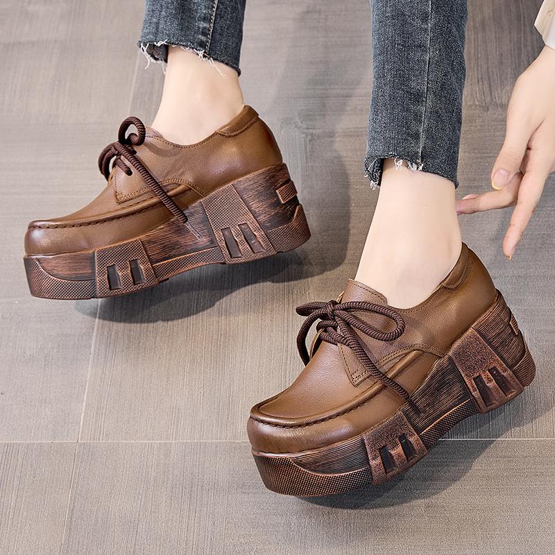 Moda GKTINOO 2025 Primavera Nuevos Zapatos de Salón de Cuero Genuino Zapatos de Mujer de Suela Gruesa Retro Cómodos de Punta Redonda Cuñas Zapatos de Plataforma