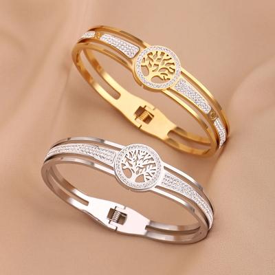 Fashion Stainless Steel Open Mouth Bangle Gold Color Tree of Life Pattern Inlay Zircon Bracelets Light Luxury Paty Jewelry Gifts