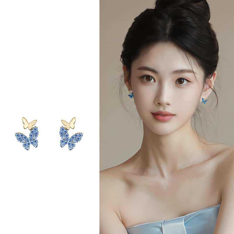 

Blue butterfly stud earrings women s new popular niche unique earrings exquisite high-end temperament versatile earrings