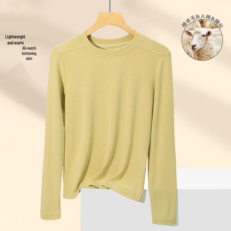 Women's Slimming Semi-High Neck Wool Base Layer T-Shirt - Long Sleeve, Spliced, Versatile Design for Autumn/Winter.