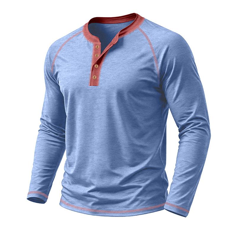 Men's Henley Long Sleeve T Shirt Raglan Color Contrast Stitching Button Placket Solid Casual Pullover Tops Spring Autumn Daily Tees