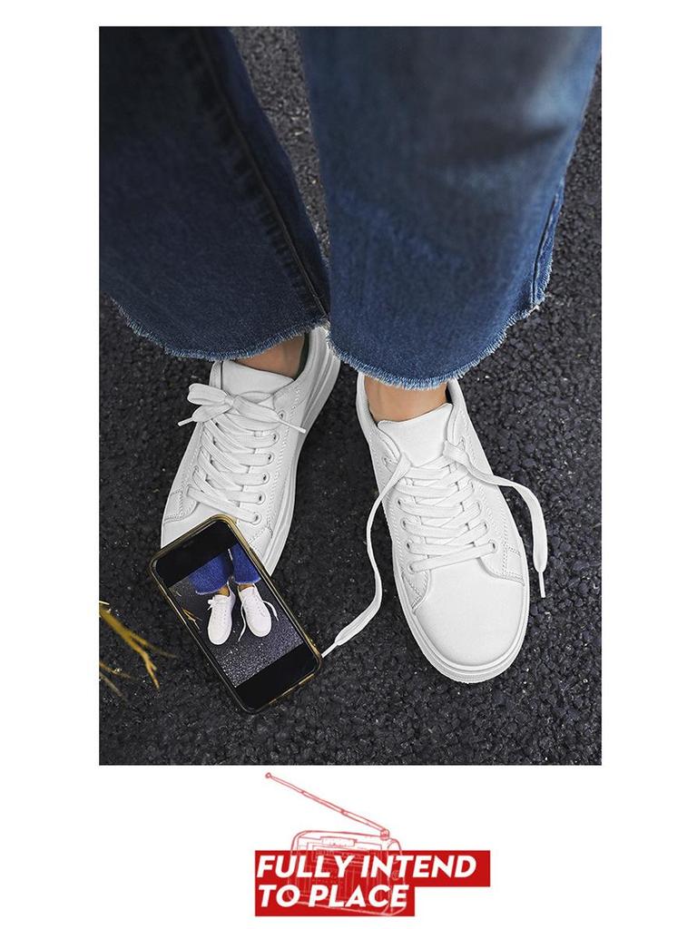 Men's White Korean Style Casual Leather Skate Shoes - Breathable, Non-Slip, Thick-Soled