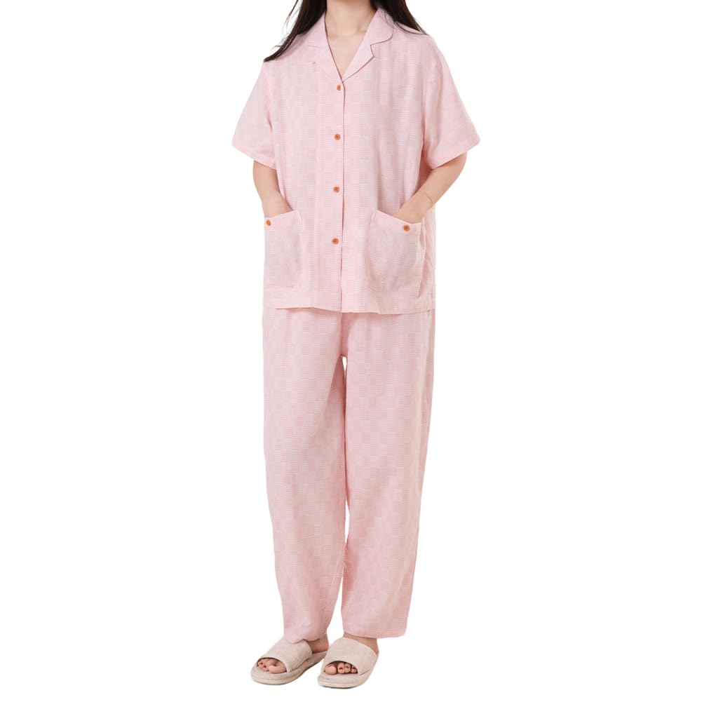 Yes Family Double Gauze Pajama Short Check Size M Women's Set, 100% Cotton, Sleeves, Pattern, Pink,