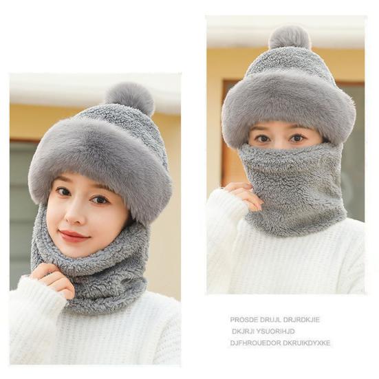 Yousheng Women Winter Hat with Integrated Scarf Cold-proof Front Cover Thick Plush Warm Full Protection Outdoor Cycling Travel Cold Weather Cap