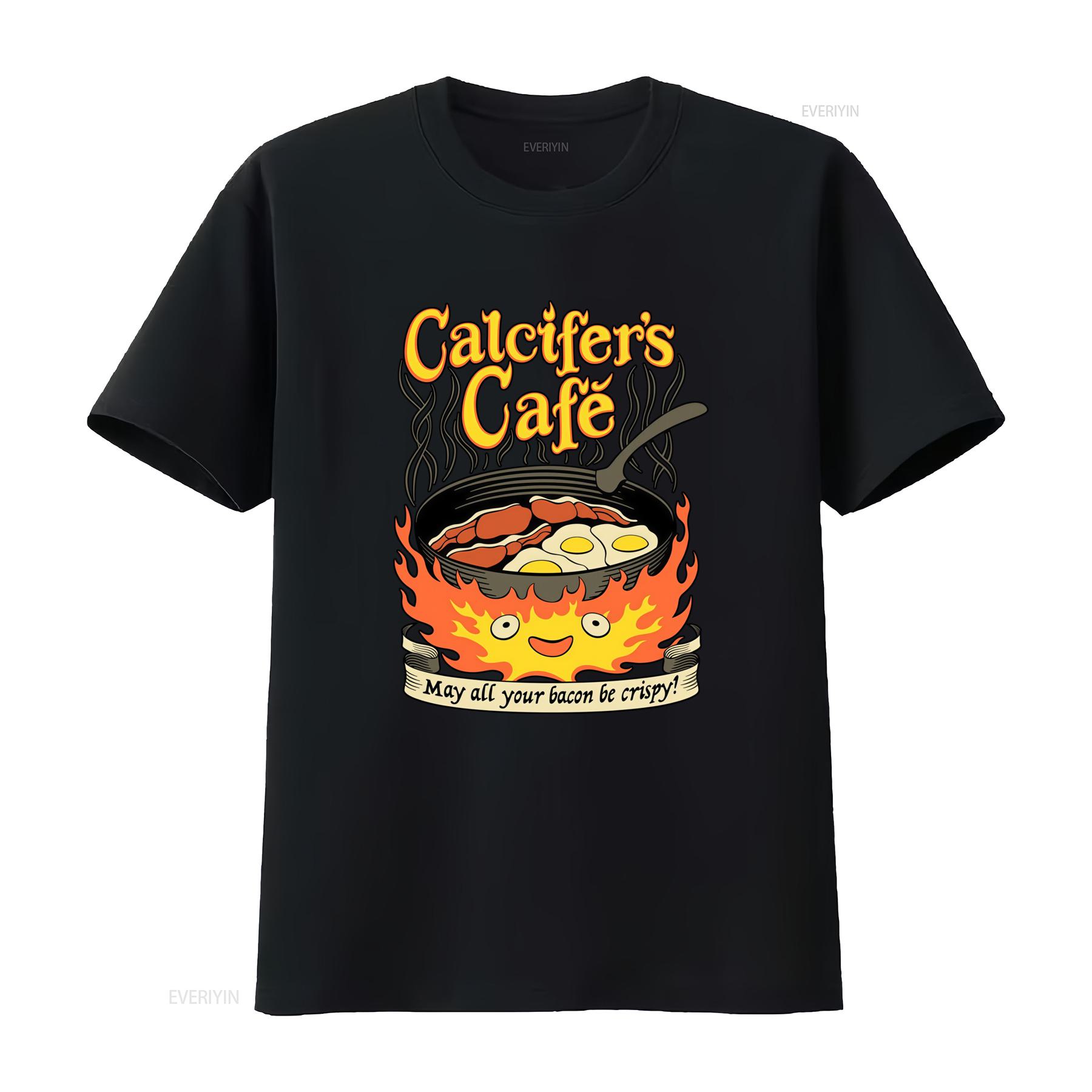 Calcifers Cafe T Shirt May All Your Bacon Eggs Be Crispy Fun Cooking Design Vintage Washed Casual Breathable Graphic M