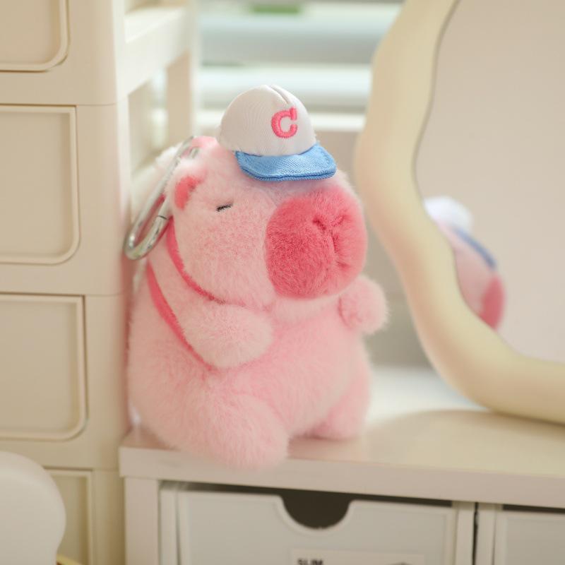 Snotty Bear Capybara Plush Toy: Cute Baseball Cap Keychain with Snap Bracelet