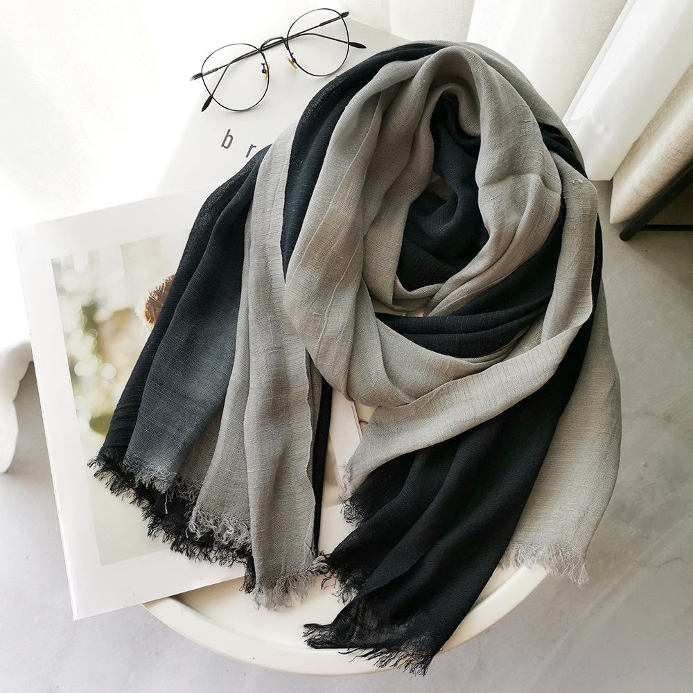Japanese Style Unisex Cotton Linen Scarf Gradient Color Autumn Winter Long Soft Shawls and Wraps Lady Short Tassel Bufanda