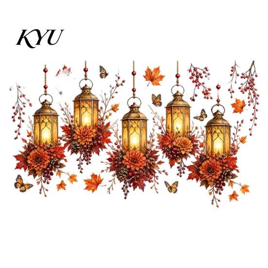 Autumn Scene Window Stickers Maple Leaf And Lantern Static Sticker, Double Sided PVC Waterproof Seasonal Art Decals, Removable Electrostatic
