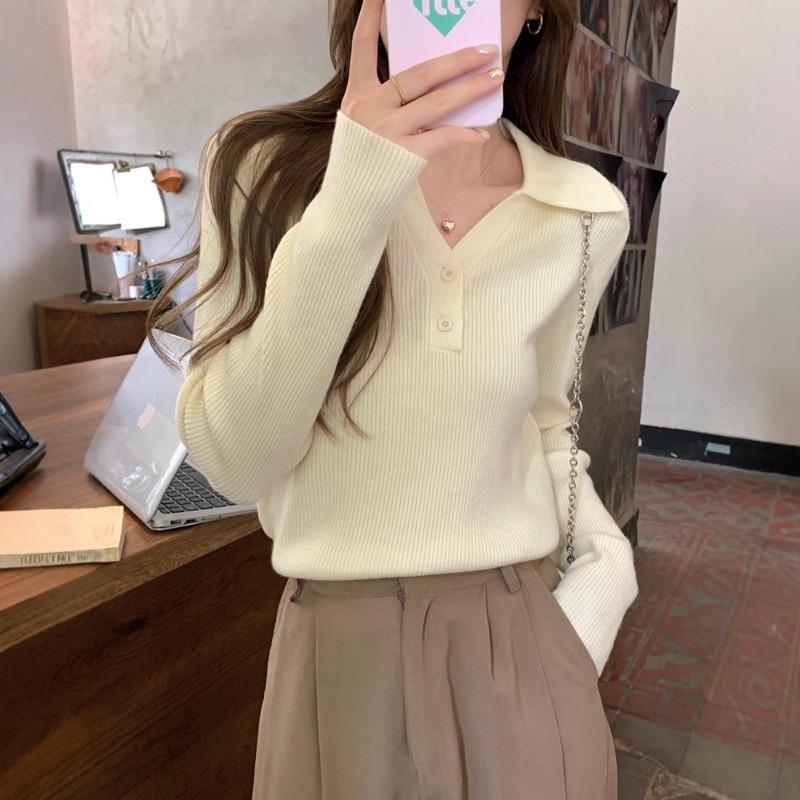 Autumn style polo collar long-sleeved knitted bottoming shirt women's spring and autumn new slim collar inner sweater