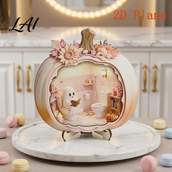 Indoor Fall Tabletop Centerpiece Halloween Ghost Pumpkin Wooden Plaque 2D Flat Sign Gift for Lovers Spooky Bathing Reading Ornament Home Office