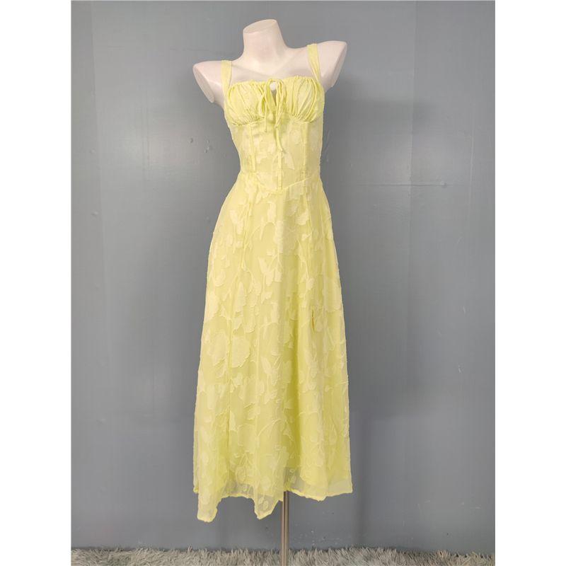 

Foreign Trade Order European and American Lace-up Fishbone Show Figure Split Temperament Sexy Gyaru Slimming Waist Hugging Jacquard Dress Women Light Yellow L