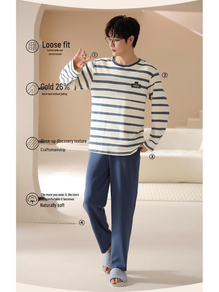 Spring Couple's Striped Pajama Set: Women's Pure Cotton Long Sleeve & Men's Loose Fit Homewear