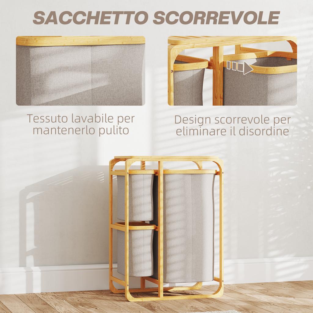 Laundry Basket in Bamboo with 3 Bags and Fabric Shelves, 50x32x69.7 cm, Bamboo and Cream Color