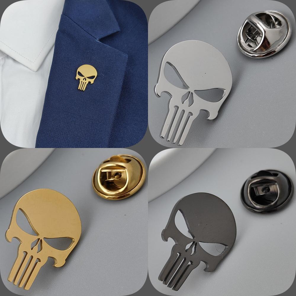 Punisher Skull Gold-plated Badge, Suit Lapel Pin Stainless Steel Black, Anti-exposure Buttons for Women, Brooch for Men