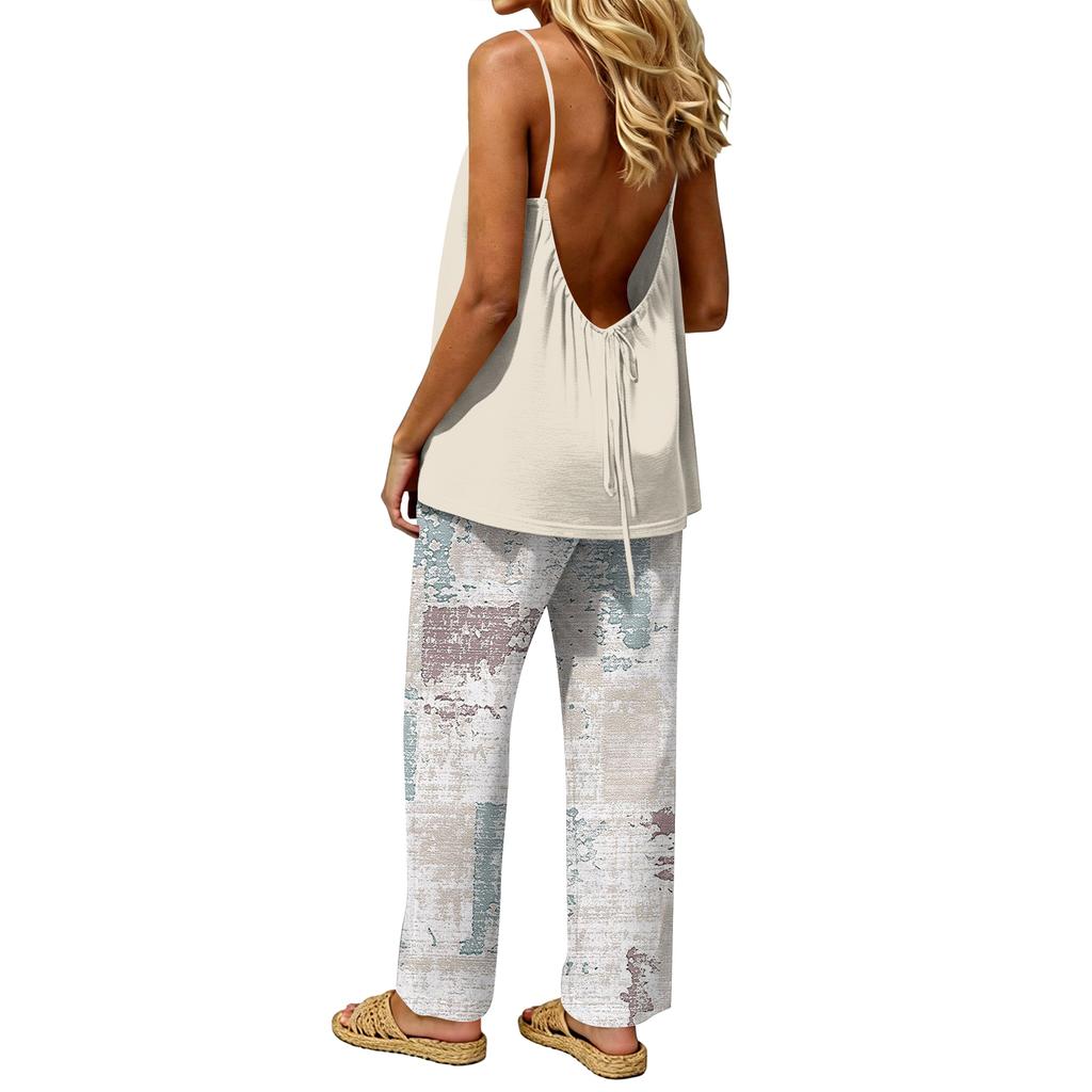 Women's 2 Piece Outfit Set, Casual Backless Sleeveless Top with Elastic Waist Long Pants, Suit No Pockets