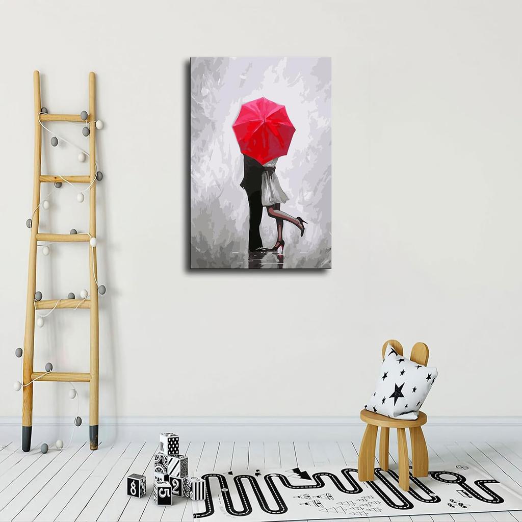 Red Umbrella and Couple Silver Sky and Romantic Couple Poster Canvas Wall Art Picture Print Modern Home Bedroom with Frameless Decor