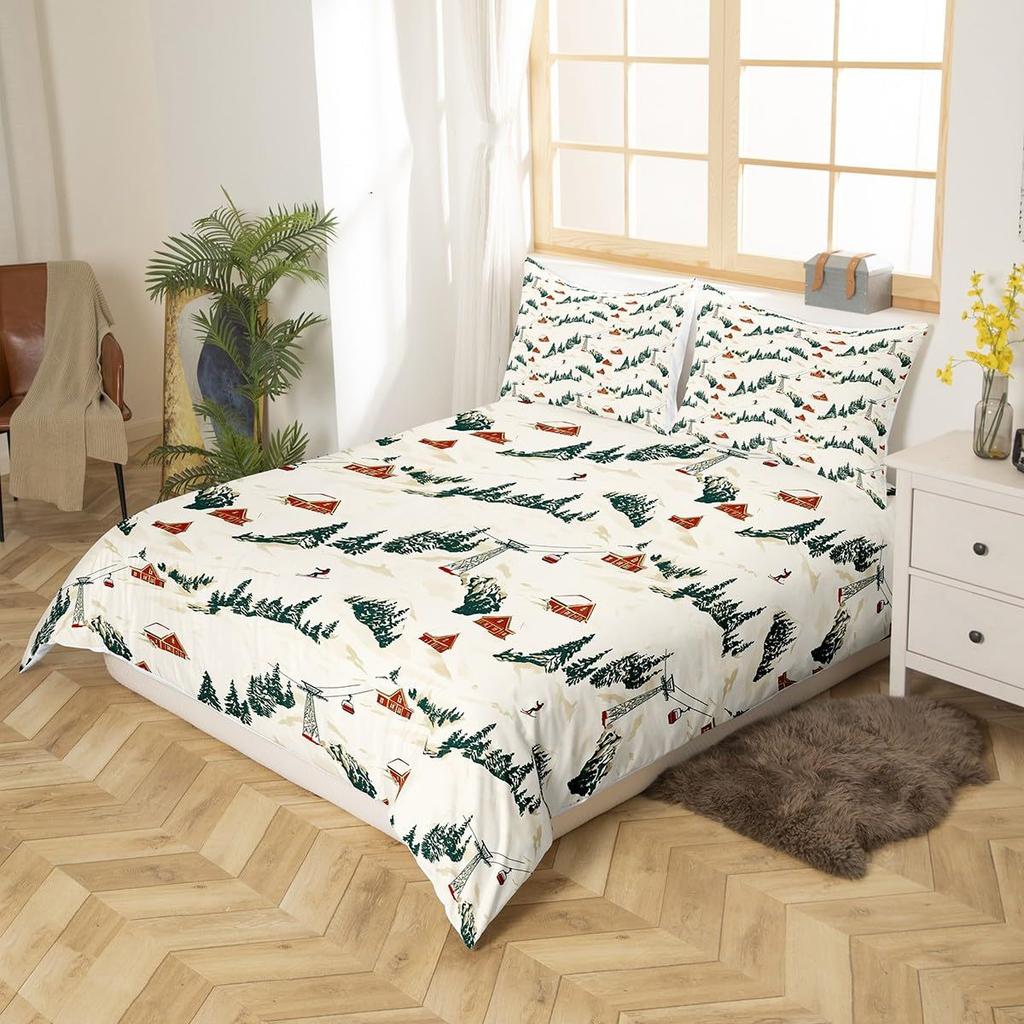 Ski Theme Duvet Cover Green Pine Cable Car Bedding Set Country Style Three-Piece Set