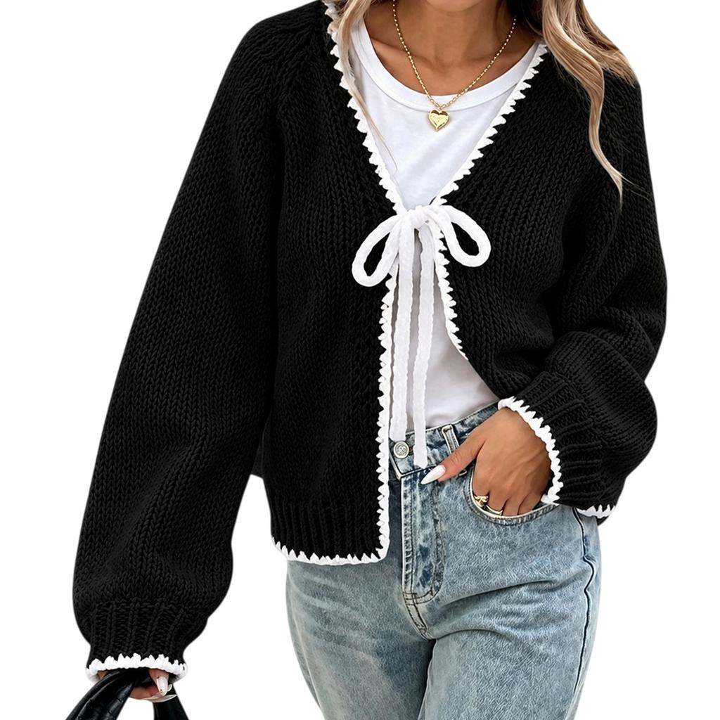 Women's Casual Loose Fit Knit Cardigan with Self-Tie Waist, Color Long Sleeve
