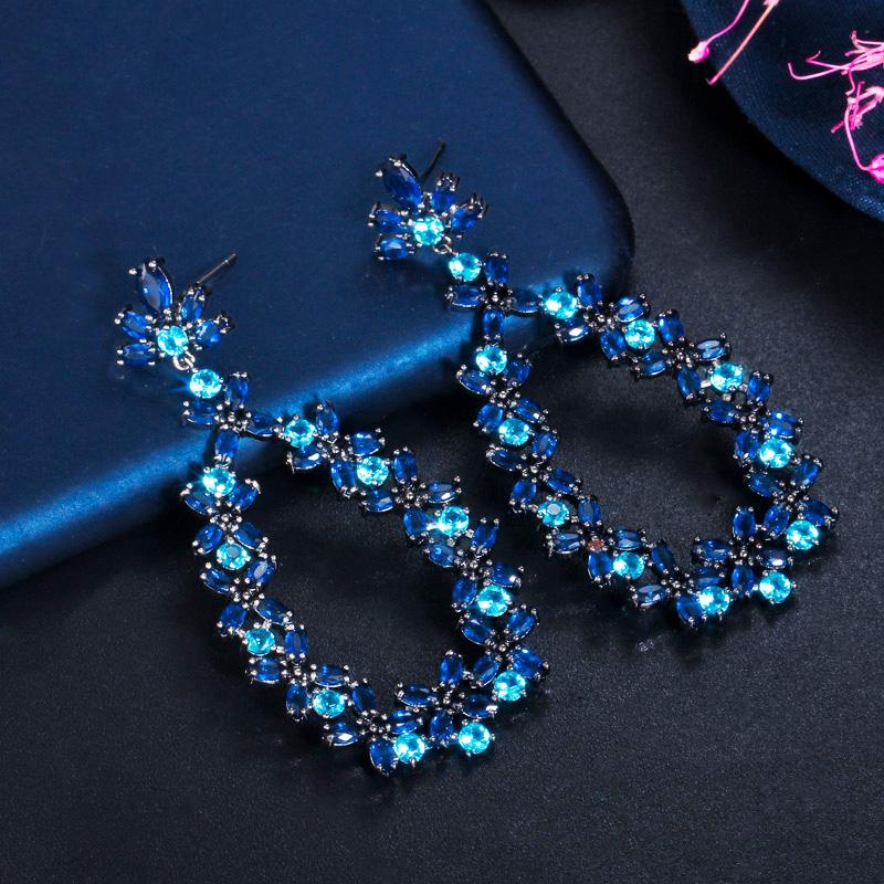 WWJ Black Golden Color Sparkly Sapphire CZ Zircon Cluster Flower Drop Earrings