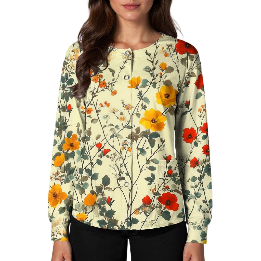 Women Long Sleeve Casual Cardigan Floral Print Button Front Lightweight Open Front Workwear Top
