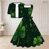 Women Plus Size Two Piece Set Dark Green Clover Printed Square Neck Sleeveless Tie Waist Flared Dress Short Sleeve Cropped Shrug