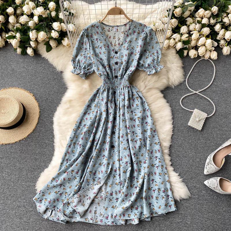 French-Style Retro Floral Dress with Puff Sleeves and Button-Up Slim Fit