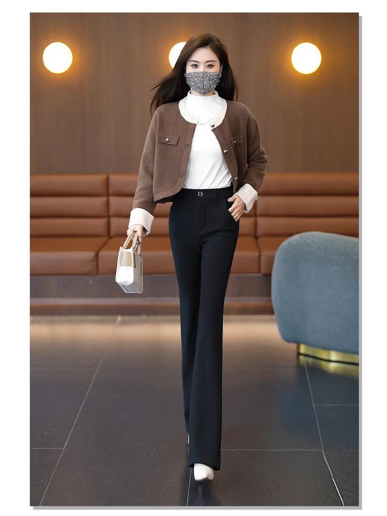 Women's High Waist Fleece-Lined Micro Flare Pants - Slim Fit, Elastic, Casual, and Versatile for Autumn and Winter.