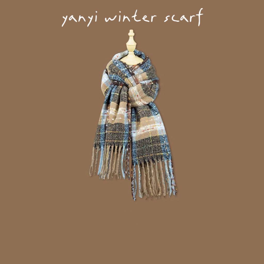 Women's Autumn & Winter Plaid Scarf: Thick Imitation Cashmere Shawl, Solid Color Neck Warmer for Students