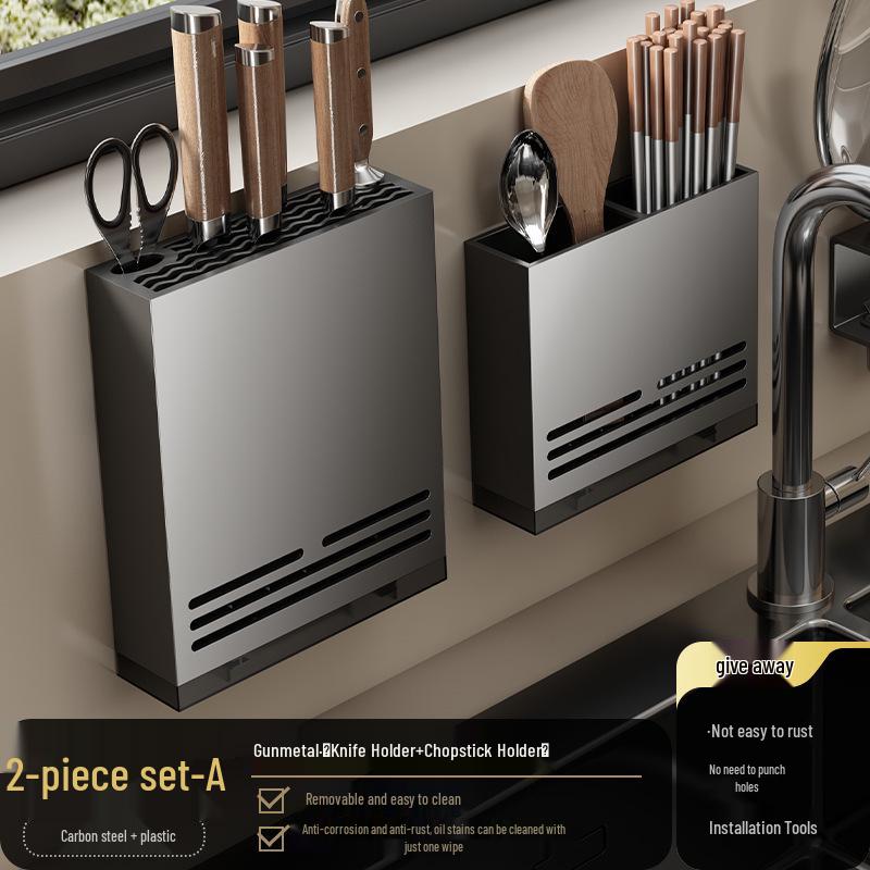 Gun Gray No-Drill Wall-Mounted Kitchen Storage Rack for Knives and Seasoning