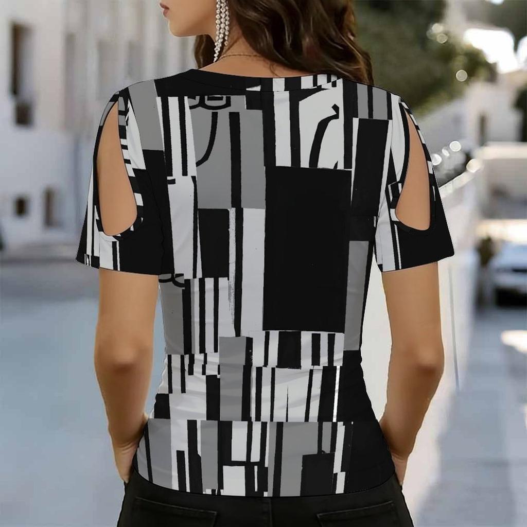 Women V Neck Cold Shoulder Blouse White Country Rock Letter Leopard Stripe Print Short Sleeve Top