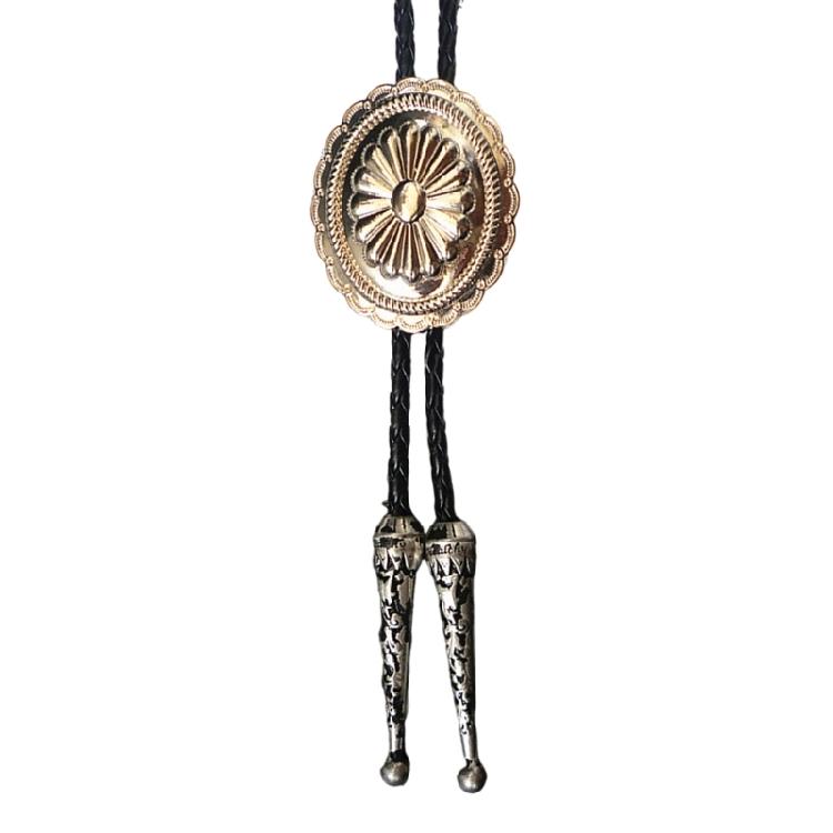Western Cowboy Vintage Metal Flower Bolo Tie Adjustable Braided Rope Necktie Feathered Pendant Charm Jewelry Necklace