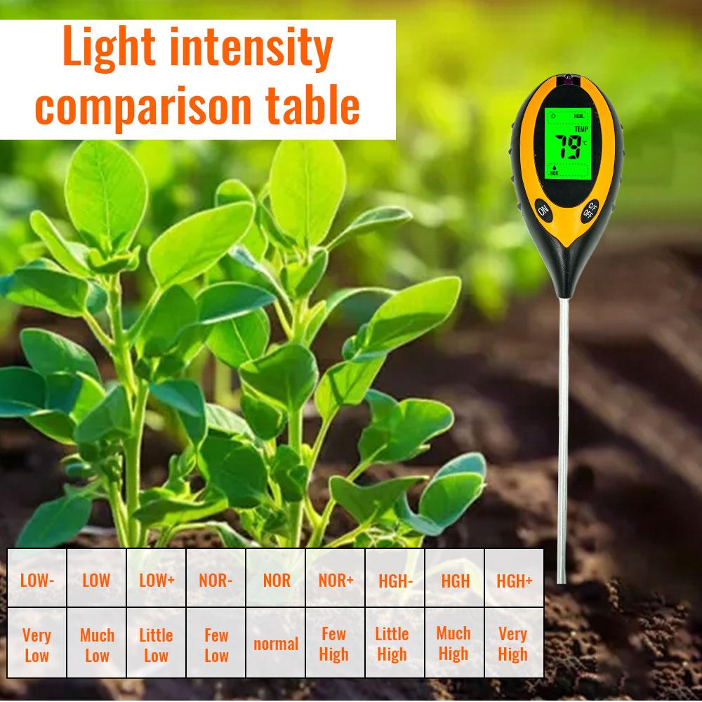 Toprak PH Metre Test Cihazı Toprak Test Cihazı PH Nem ölçer Sıcaklık Güneş Işığı Yoğunluğu ölçümü Analiz Toprak Asitliği Testi 4'ü 1 Arada