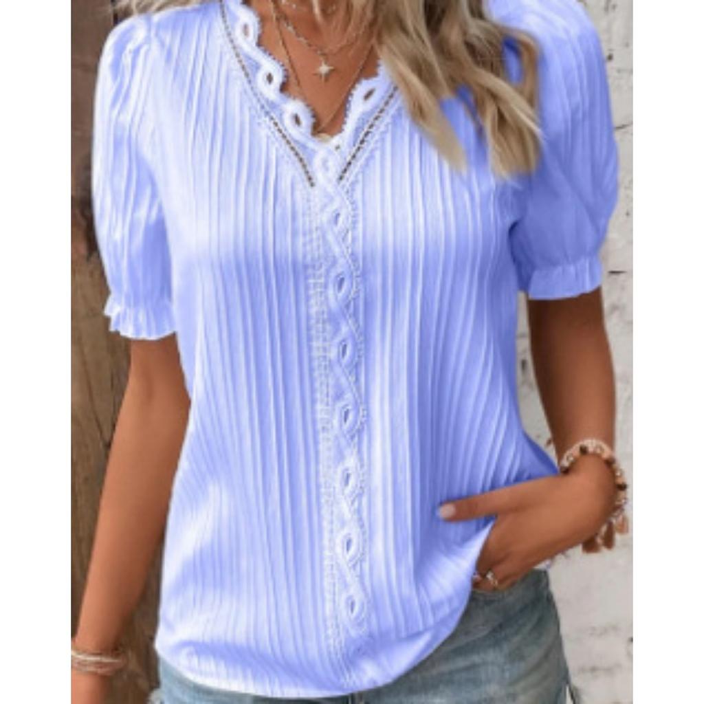 Women's V Neck Puff Short Sleeve Blouse Loose Fit Casual Lace Trim Pleated Tunic Top