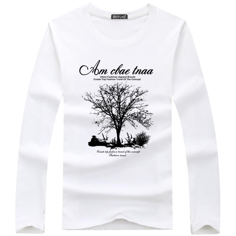 

Мужская модная футболка свободного кроя с длинным рукавом осень 2025 года, тонкий фасон, круглый вырез, большой размер M белый