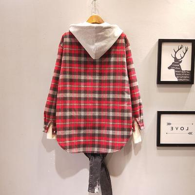 Dames Geruit Shirt met Capuchon, Middellang, Lente/Herfst 2024, Koreaanse Stijl, Casual Veelzijdig Losvallend.