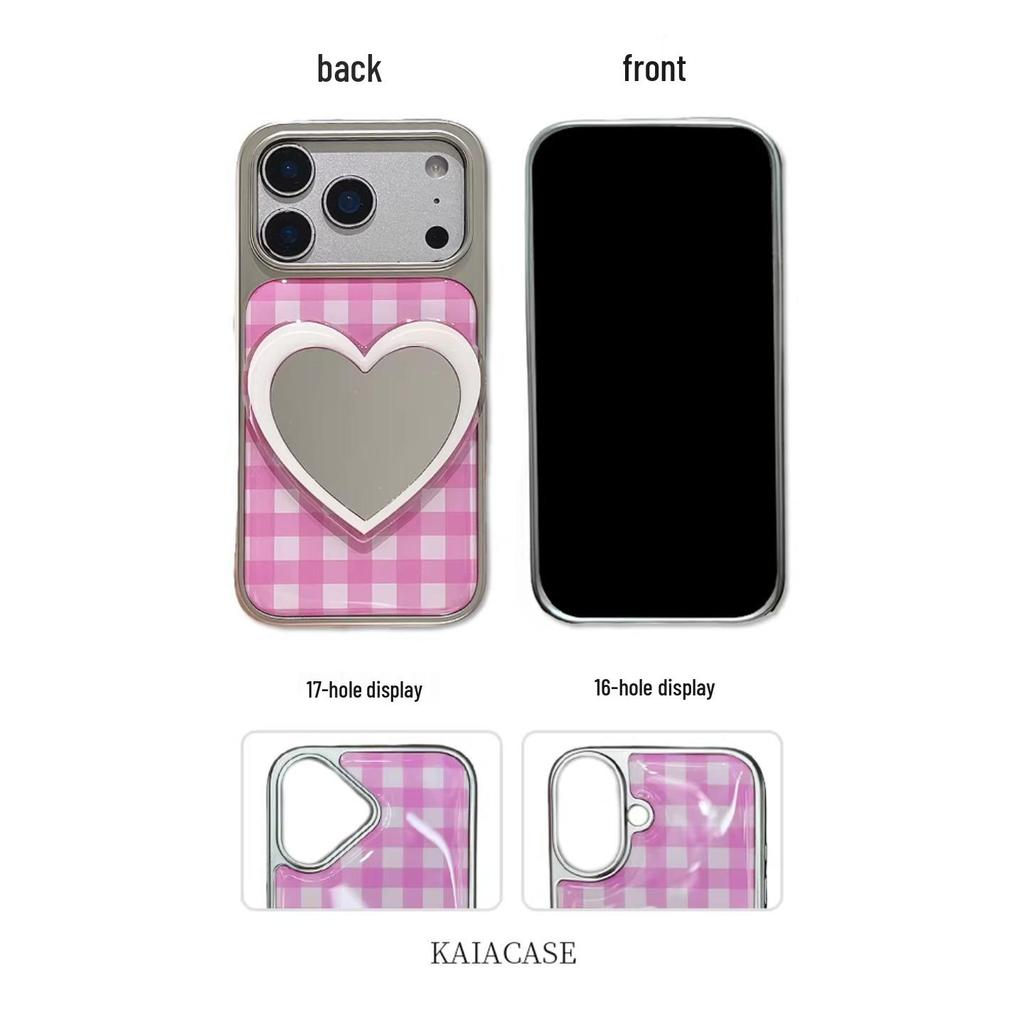 Pink Plaid Heart Mirror Phone Case for iPhone 6/7 Pro Max - Japanese Korean Style